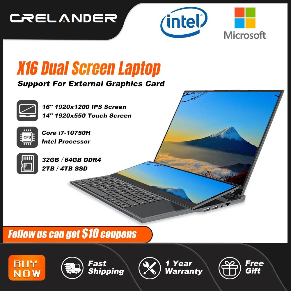 CRELANDER 듀얼 스크린 노트북 16형 2K LCD+14형 터치 스크린 코어 i7 10750H 64GB RAM Zenbook Duo 노트북 게이밍 노트북